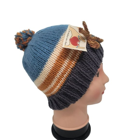 OZ Chunky Hand-Knit Hat Pom Pom Adult unisex Beanie hats stripped Brown Blue - Picture 1 of 6